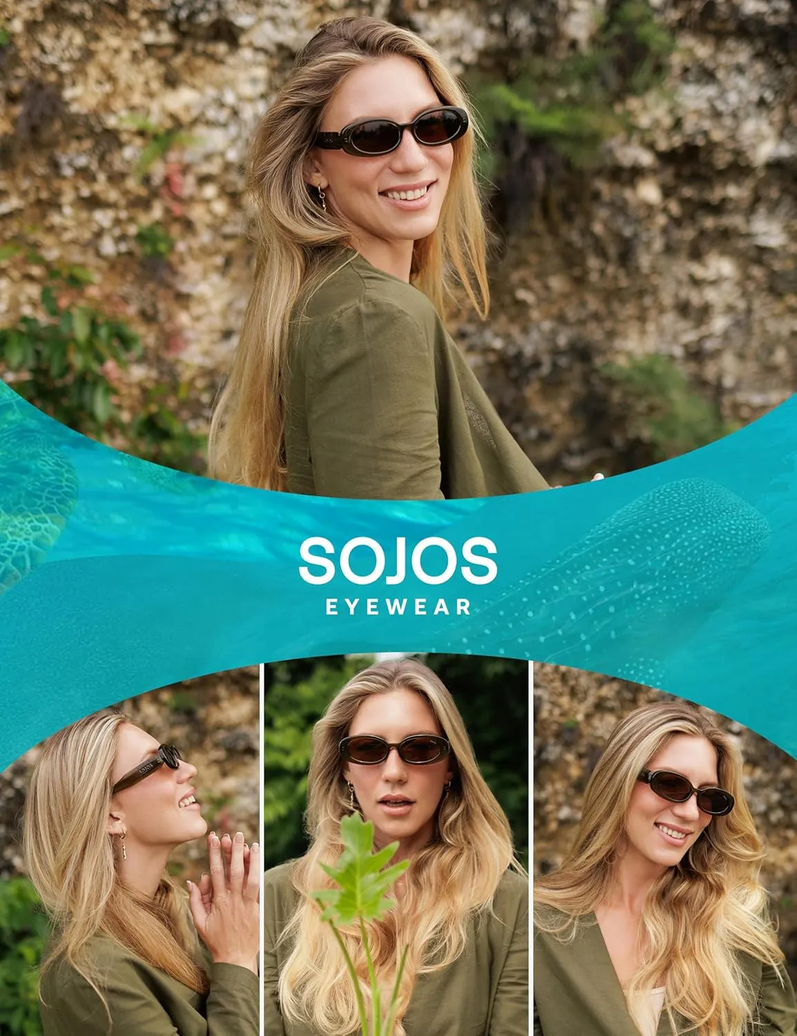 SOJOS Ocean Collection Retro Oval Polarized Sunglasses for Women Men Vintage Recycled Plastic Frame Eco-Friendly, Sunlight