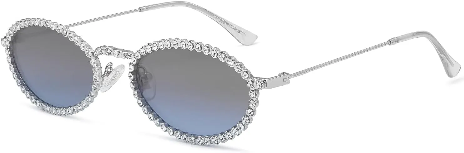 SOJOS Retro Petite Oval Rhinestone Sunglasses for Women 90s Styles Bling Hippie Disco Trendy Sun Glasses Small Face SJ1205