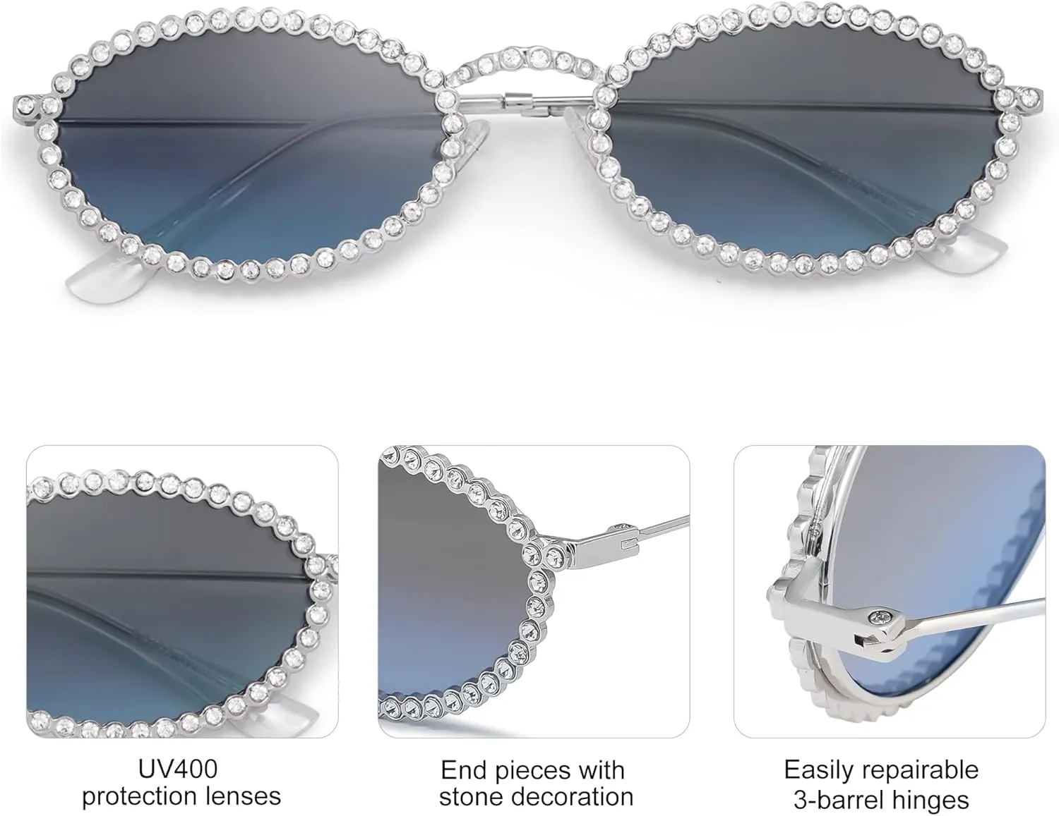 SOJOS Retro Petite Oval Rhinestone Sunglasses for Women 90s Styles Bling Hippie Disco Trendy Sun Glasses Small Face SJ1205