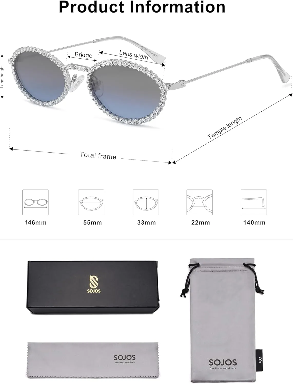 SOJOS Retro Petite Oval Rhinestone Sunglasses for Women 90s Styles Bling Hippie Disco Trendy Sun Glasses Small Face SJ1205
