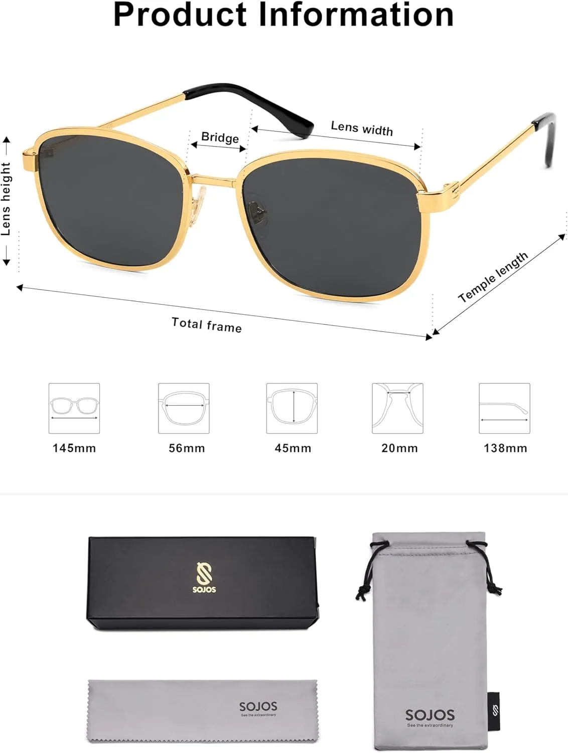 SOJOS Retro Rectangle Polarized Sunglasses Women Men Vintage 90s Style Rectangular Frame Womens Mens Sun Glasses SJ1225