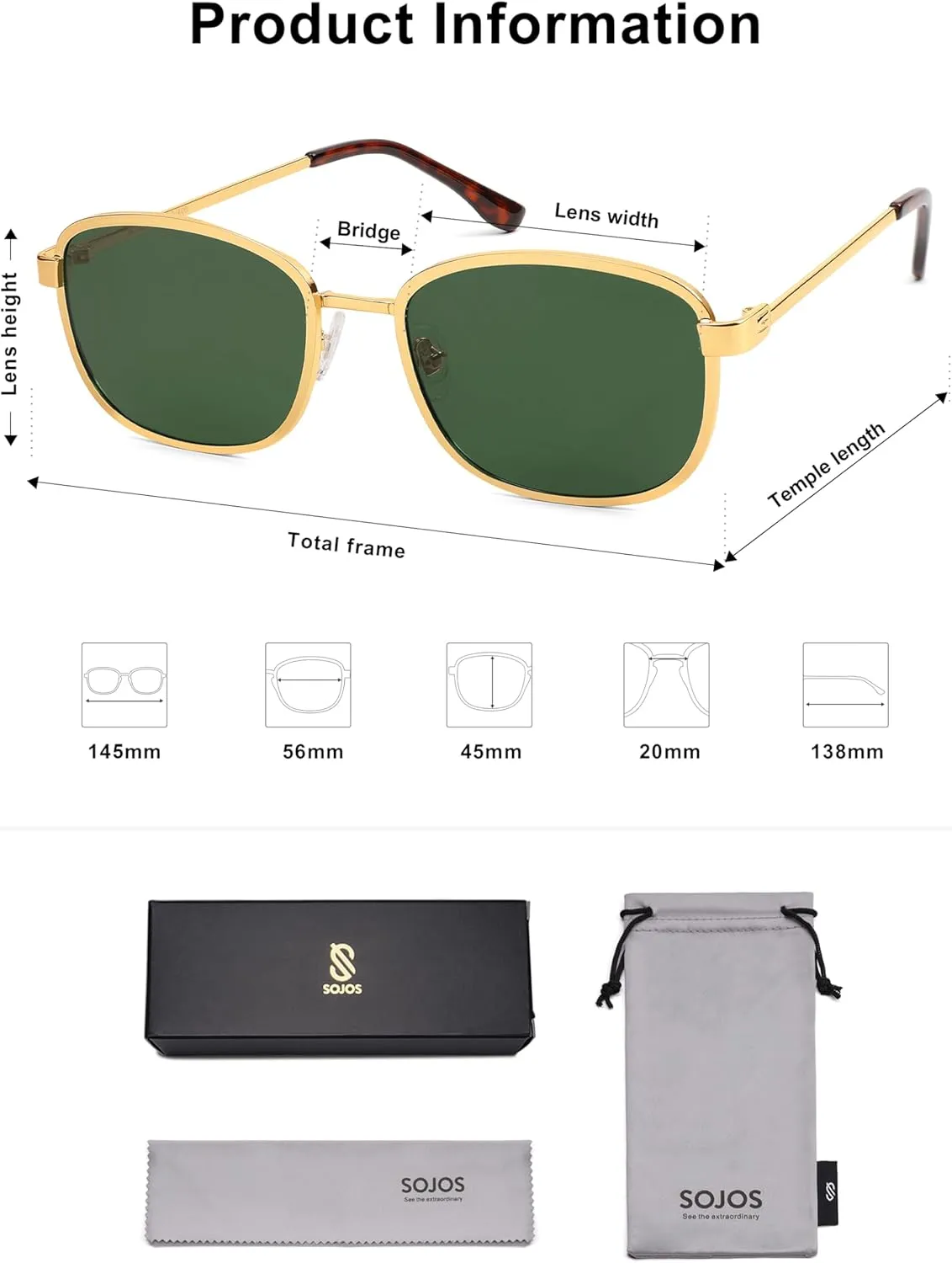SOJOS Retro Rectangle Polarized Sunglasses Women Men Vintage 90s Style Rectangular Frame Womens Mens Sun Glasses SJ1225