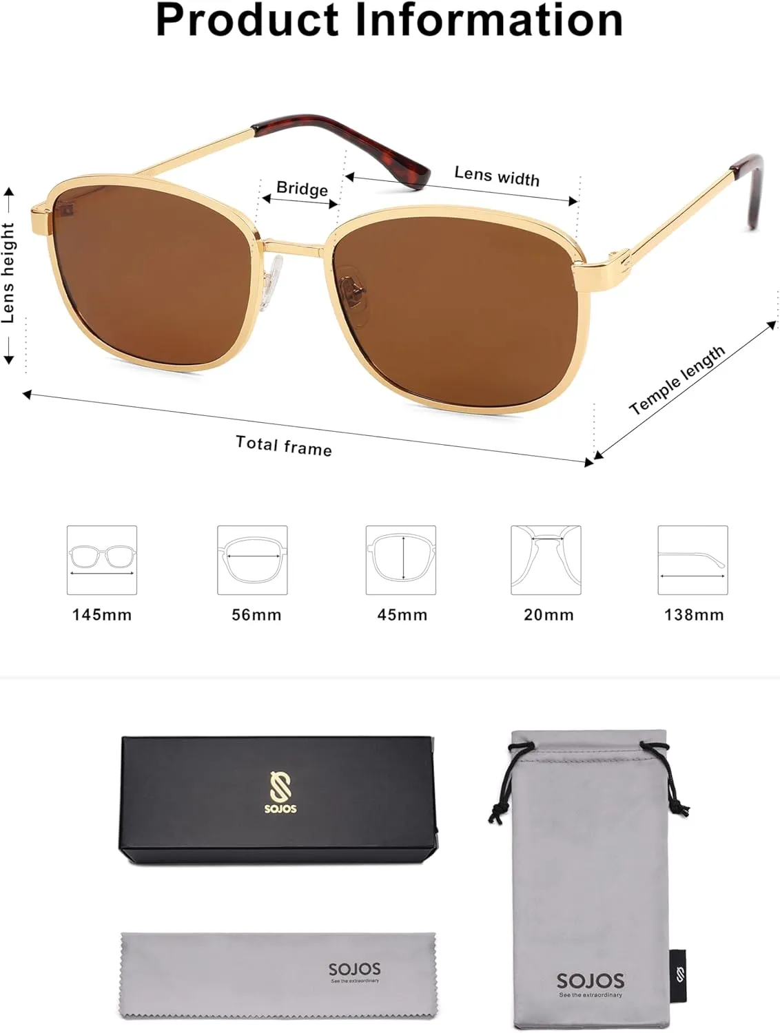 SOJOS Retro Rectangle Polarized Sunglasses Women Men Vintage 90s Style Rectangular Frame Womens Mens Sun Glasses SJ1225