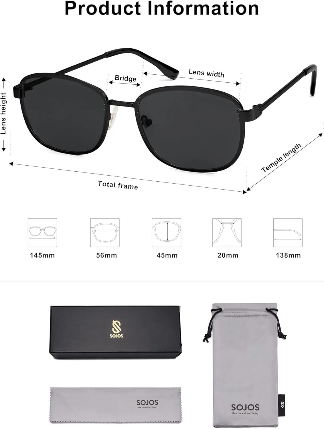 SOJOS Retro Rectangle Polarized Sunglasses Women Men Vintage 90s Style Rectangular Frame Womens Mens Sun Glasses SJ1225