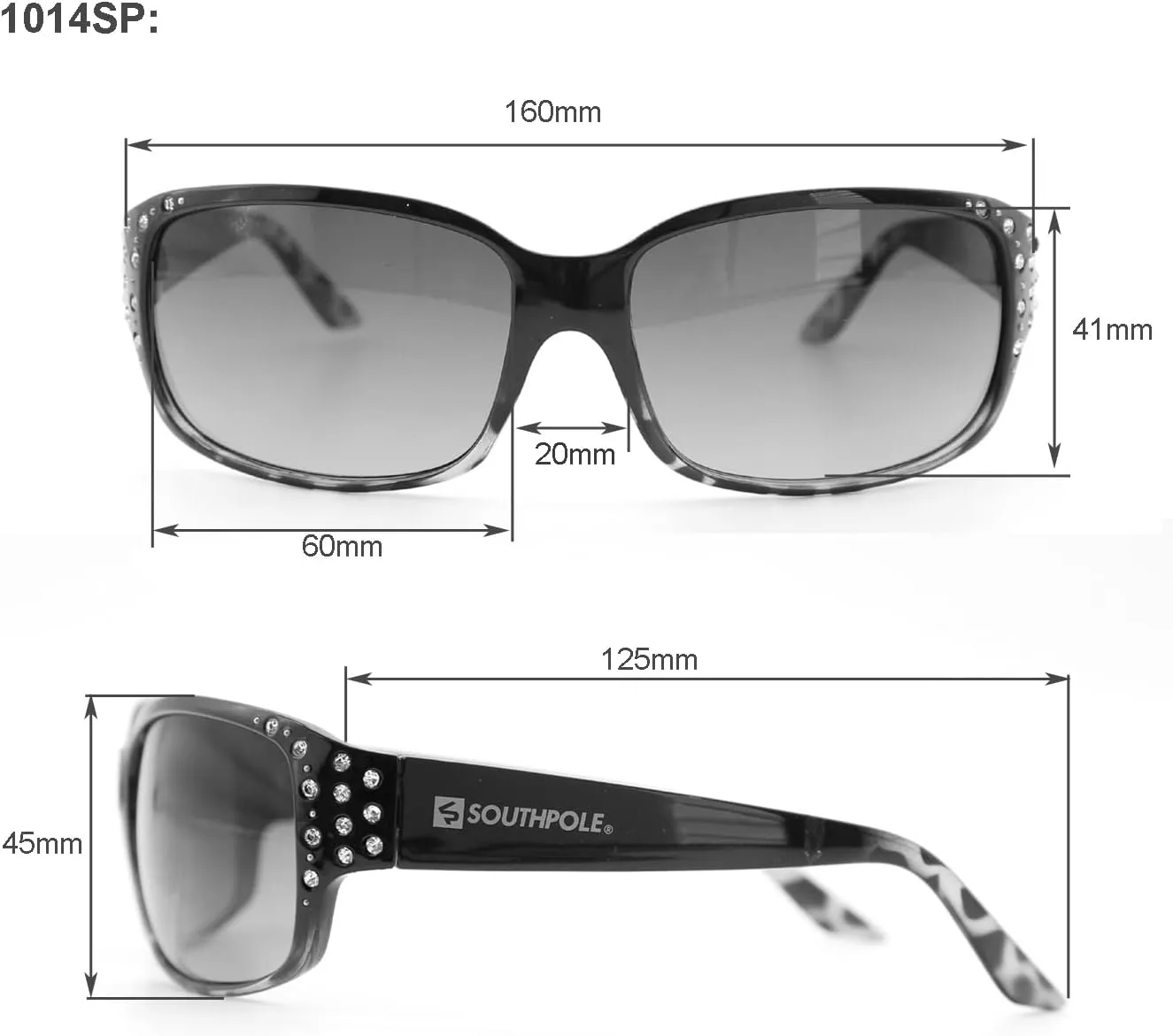 Southpole Women's 1014sp Rhinestone Uv400 Protective Wrap Rectangular Sunglasses-Cool Gifts for Her, 60mm