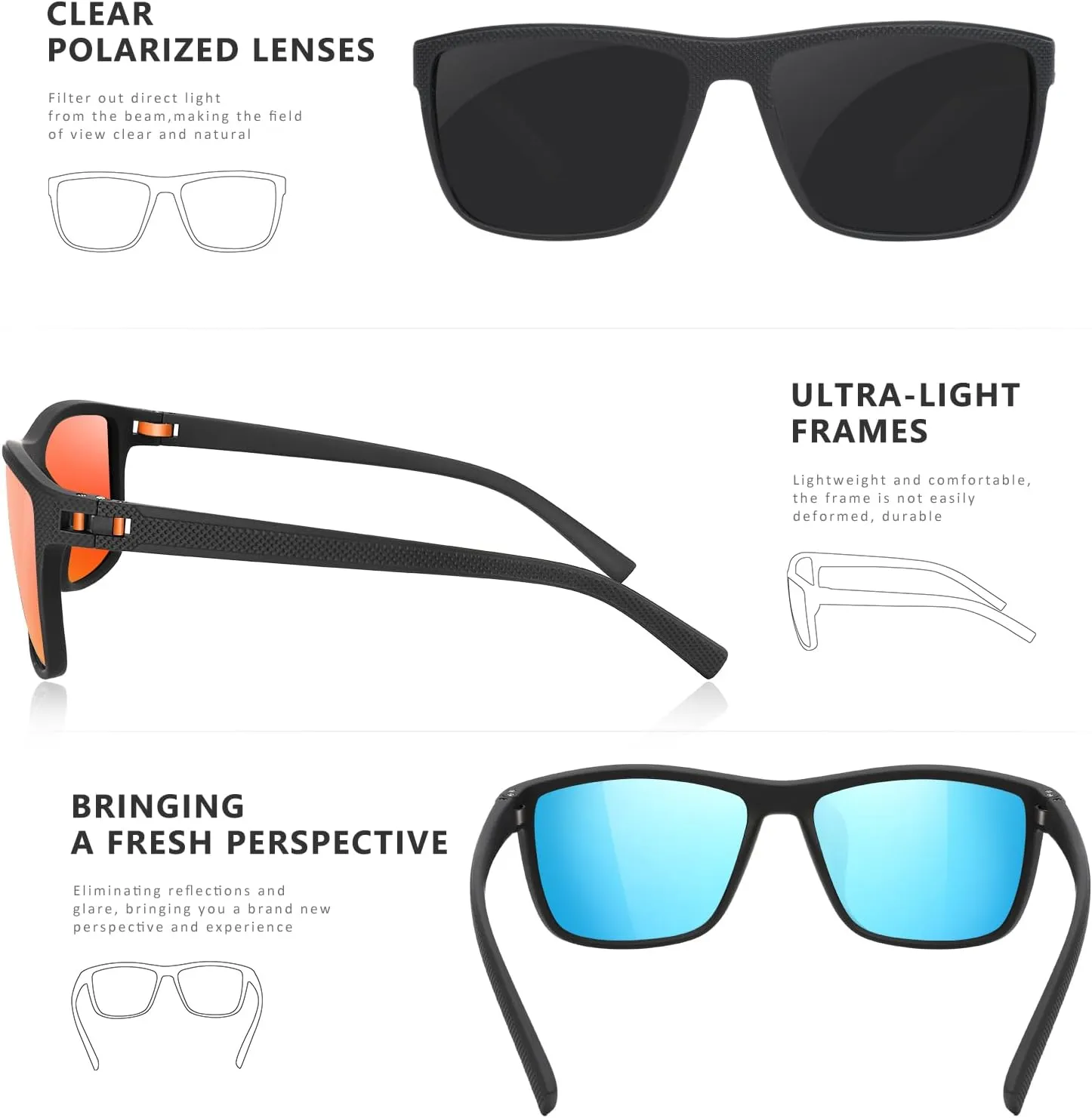 Square Polarized Sunglasses for Men and Women Lightweight Frame Sun Glasses with UV Protection