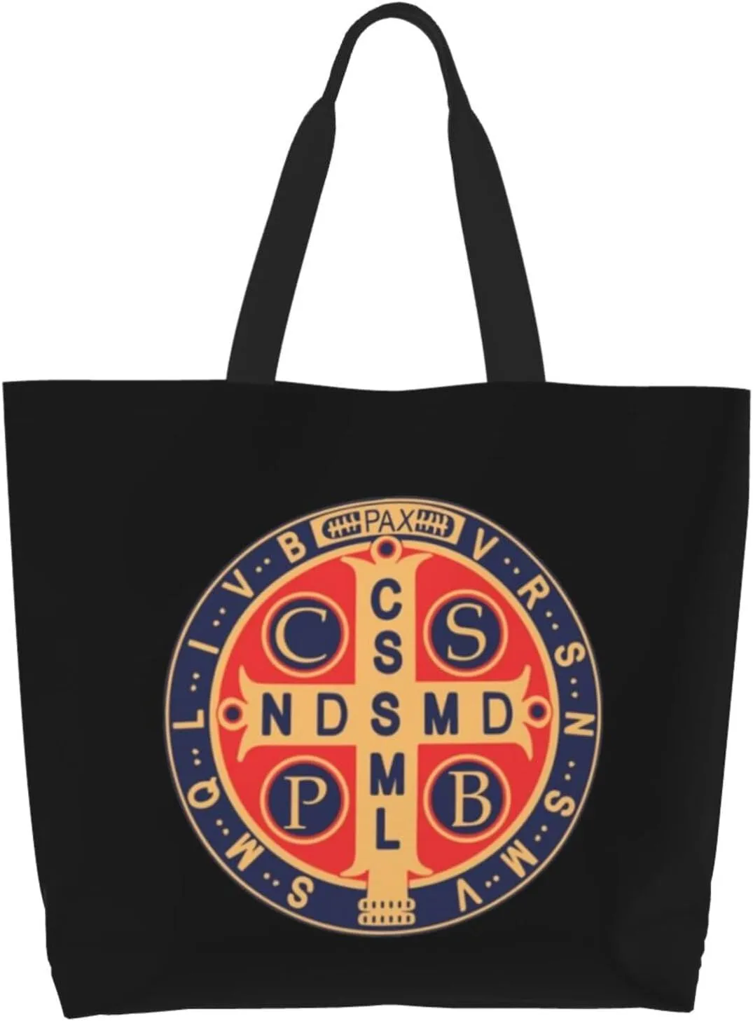 St Benedict Medal Holy Cross Logo Canvas Tote Bags for Women, Ladies Shoulder Handbags Large Purse Lightweight Foldable Reusable Shopping Bag with Pockets for Work, Travel, 15.7x19.7in