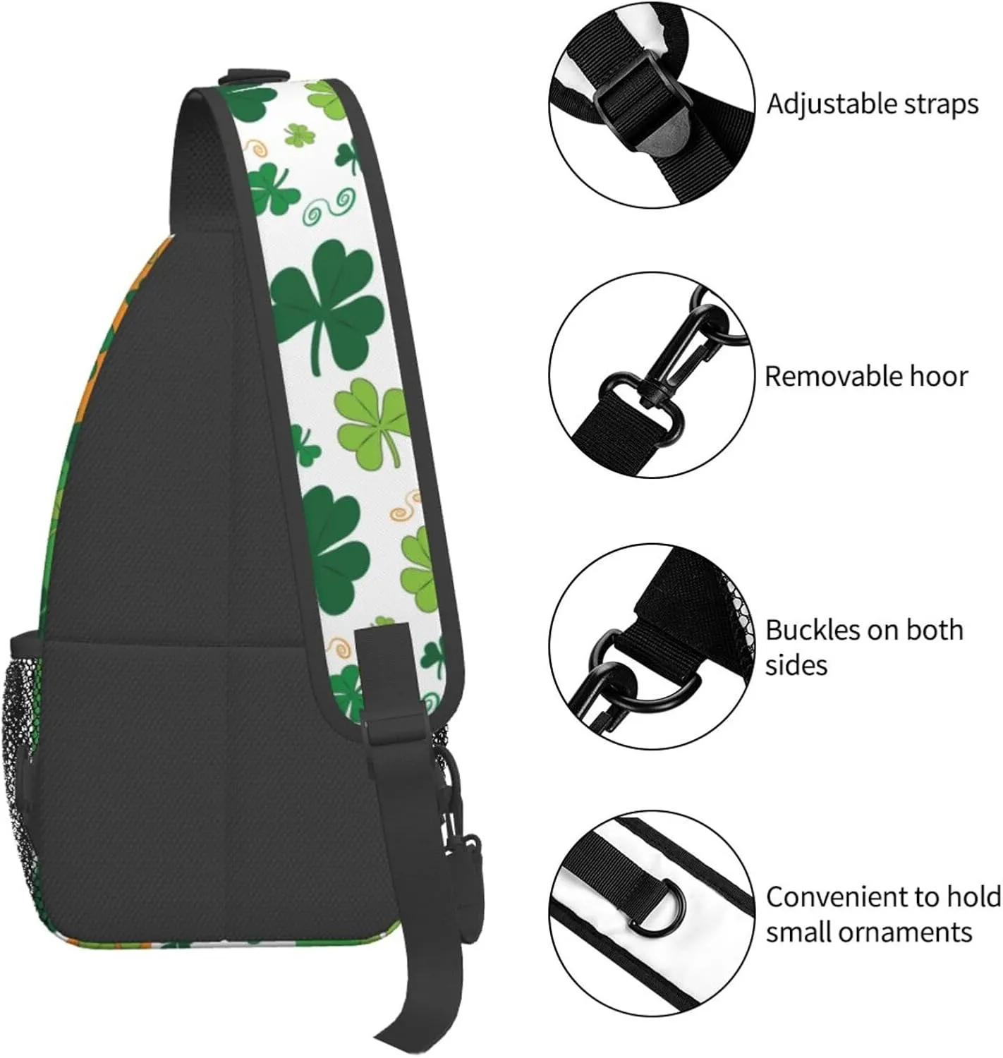 St. Patrick'S Day Shamrocks On Irish Flag Crossbody Sling Bag For Women Men Adjustable Chest Bag Irish Green Clover Shoulder Bag Sling Backpack Daypack For Sport Travel Hiking