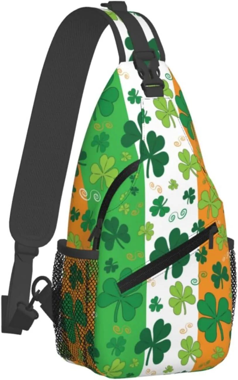 St. Patrick'S Day Shamrocks On Irish Flag Crossbody Sling Bag For Women Men Adjustable Chest Bag Irish Green Clover Shoulder Bag Sling Backpack Daypack For Sport Travel Hiking