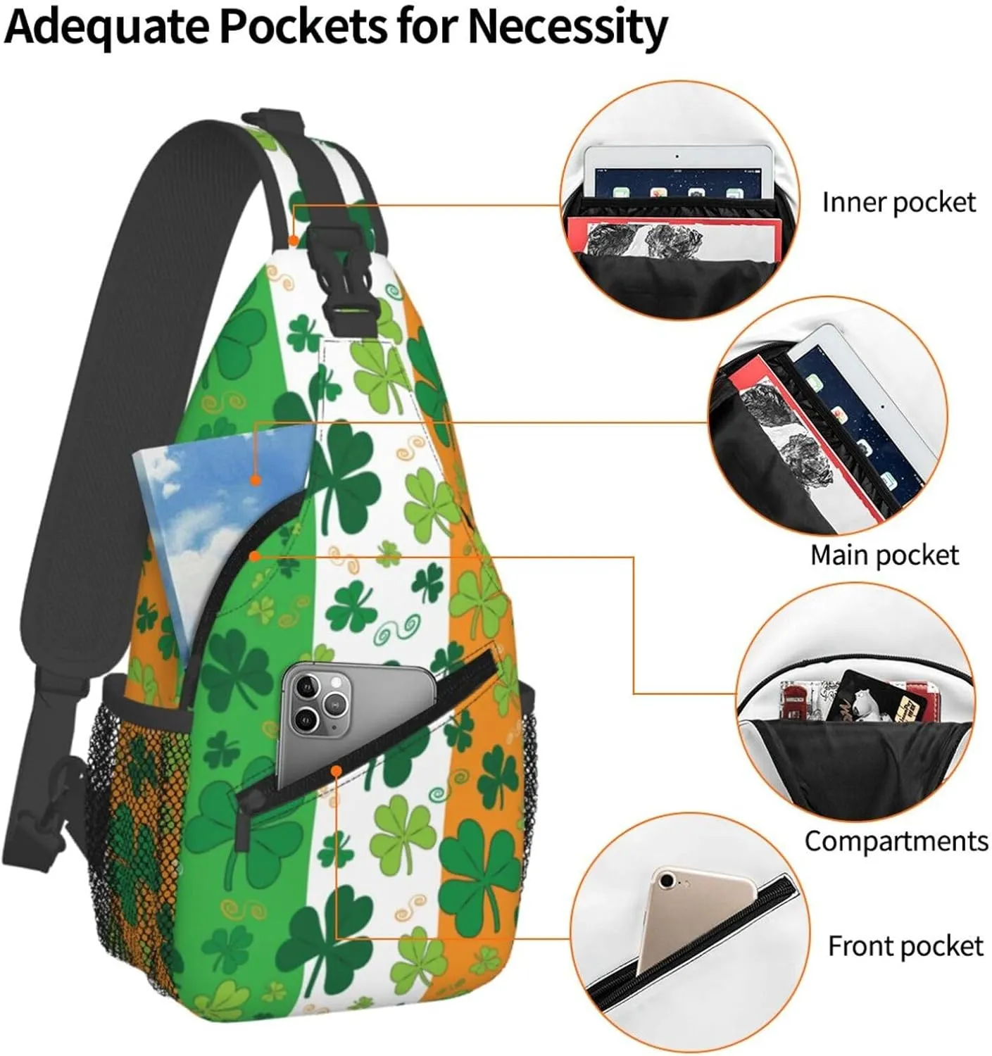 St. Patrick'S Day Shamrocks On Irish Flag Crossbody Sling Bag For Women Men Adjustable Chest Bag Irish Green Clover Shoulder Bag Sling Backpack Daypack For Sport Travel Hiking