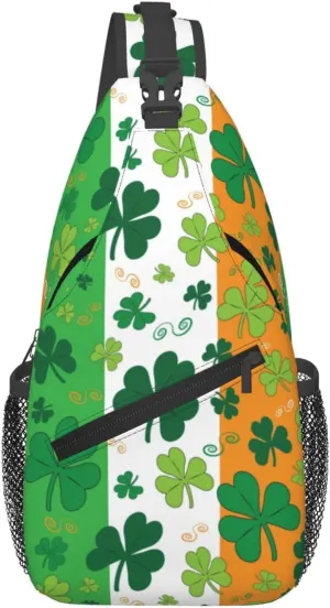 St. Patrick'S Day Shamrocks On Irish Flag Crossbody Sling Bag For Women Men Adjustable Chest Bag Irish Green Clover Shoulder Bag Sling Backpack Daypack For Sport Travel Hiking