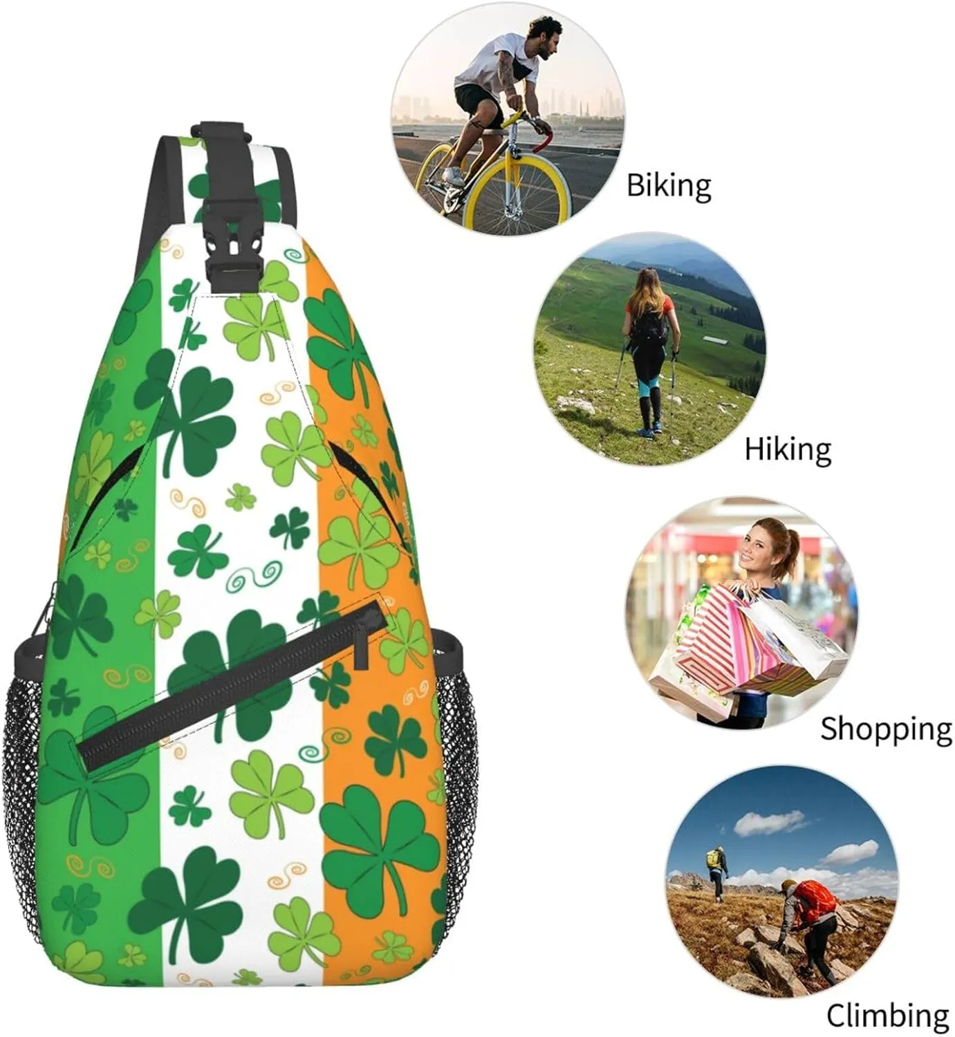 St. Patrick'S Day Shamrocks On Irish Flag Crossbody Sling Bag For Women Men Adjustable Chest Bag Irish Green Clover Shoulder Bag Sling Backpack Daypack For Sport Travel Hiking