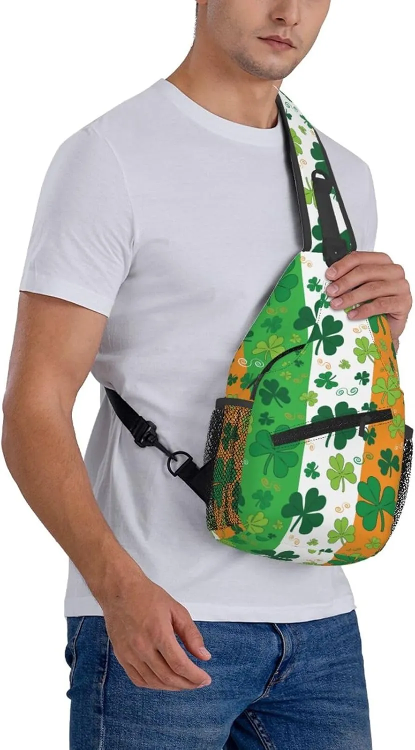 St. Patrick'S Day Shamrocks On Irish Flag Crossbody Sling Bag For Women Men Adjustable Chest Bag Irish Green Clover Shoulder Bag Sling Backpack Daypack For Sport Travel Hiking