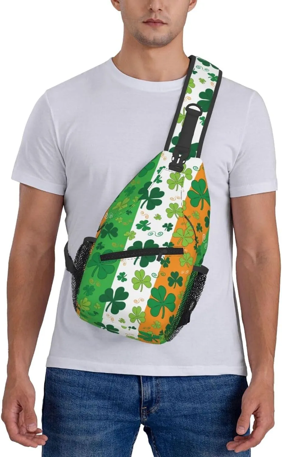 St. Patrick'S Day Shamrocks On Irish Flag Crossbody Sling Bag For Women Men Adjustable Chest Bag Irish Green Clover Shoulder Bag Sling Backpack Daypack For Sport Travel Hiking