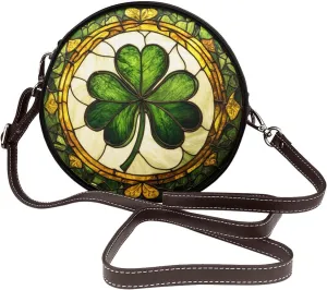 Stained Glass Clover-Leaf Women Round Crossbody Bags Leather Sling Bag Purse