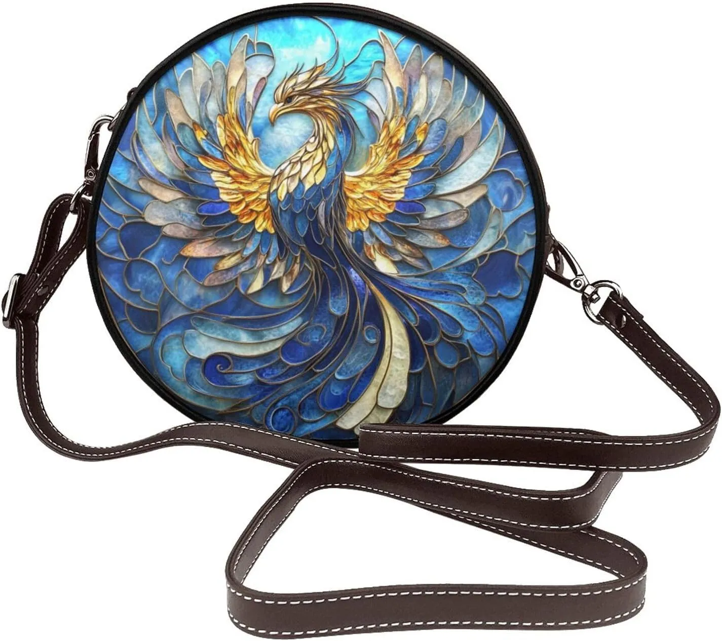 Stained Glass Gorgeous Phoenix Women Round Crossbody Bags Leather Sling Bag Purse