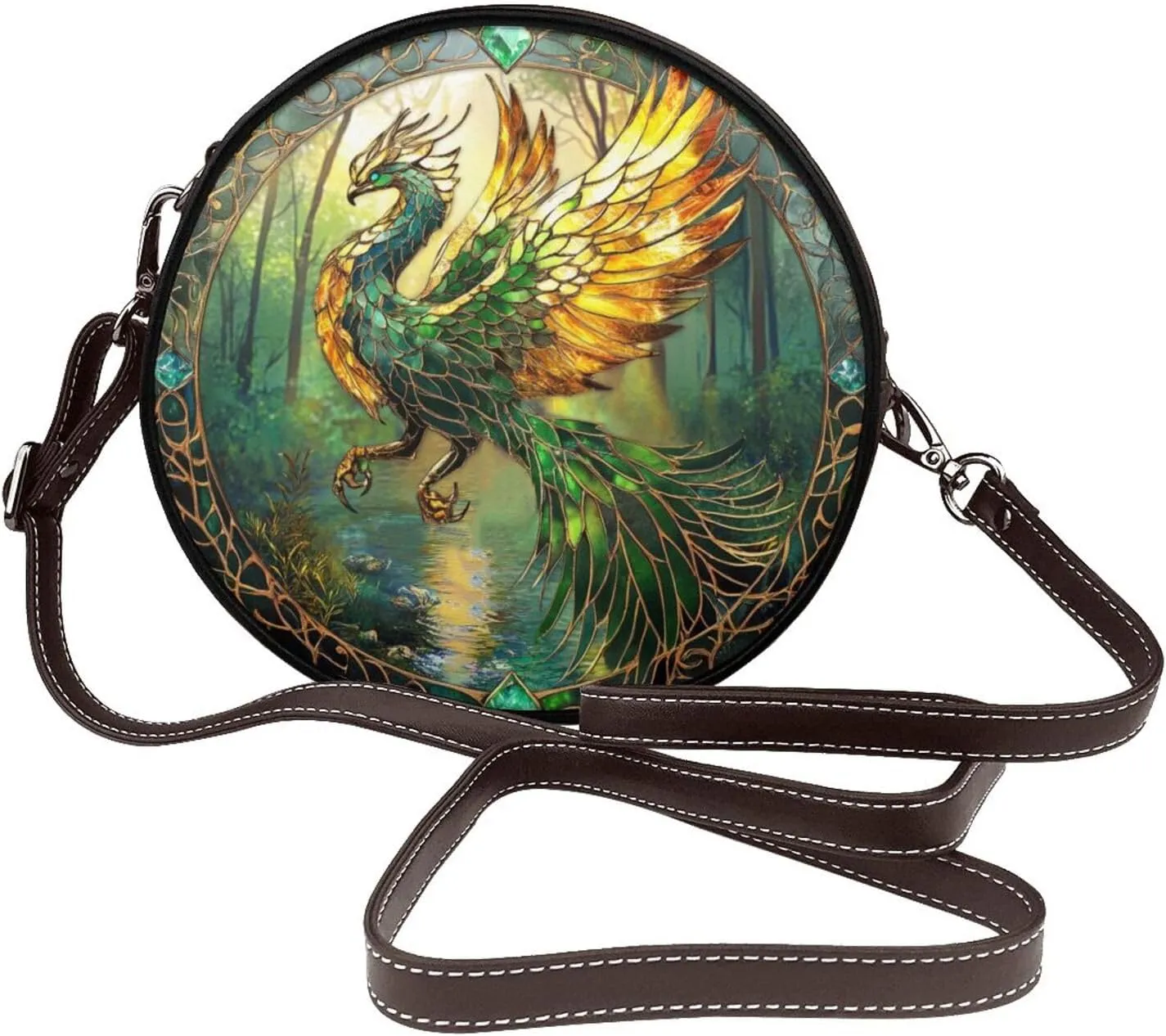 Stained Glass Majestic Phoenix Women Round Crossbody Bags Leather Sling Bag Purse