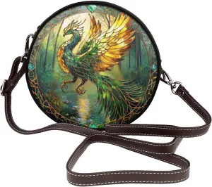 Stained Glass Majestic Phoenix Women Round Crossbody Bags Leather Sling Bag Purse