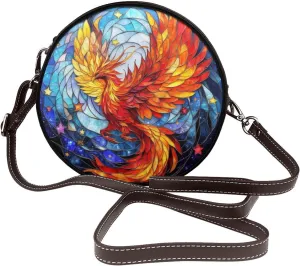 Stained Glass Red Phoenix Women Round Crossbody Bags Leather Sling Bag Purse