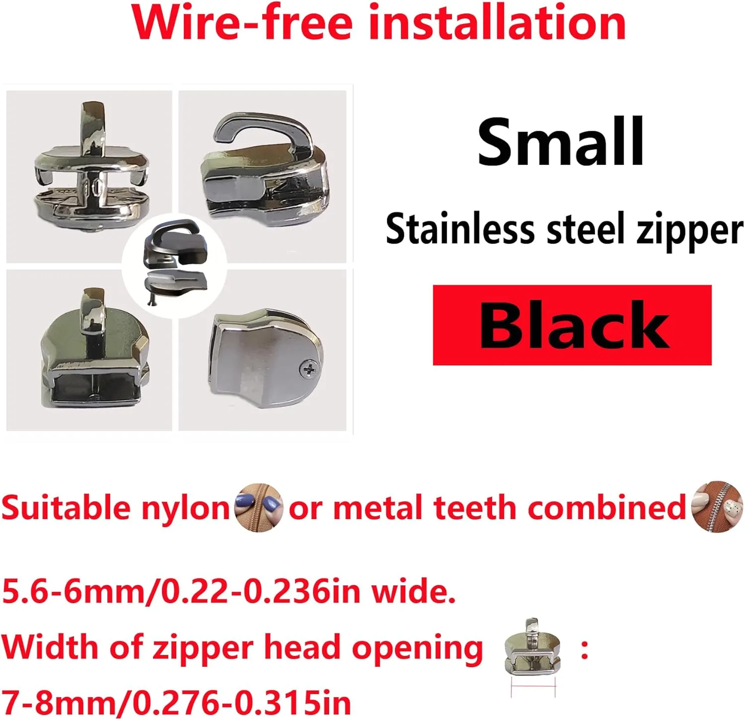 Stainless Steel Replacement Zipper Slider-1 Piece,Black-Small Suitable for Clothing,suitcases,Handbags,Shoes,Tents,Backpacks Zipper Replacement and Repair kit