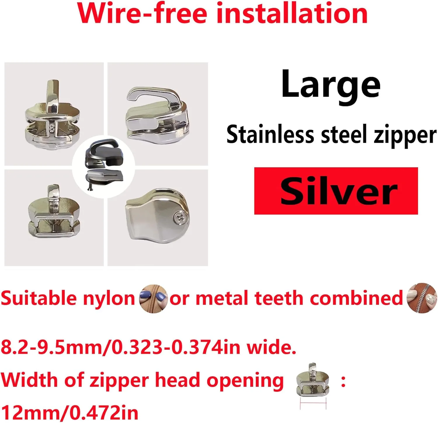Stainless Steel Replacement Zipper Slider-1 Piece,Silver-Large Suitable for Clothing,suitcases,Handbags,Shoes,Tents,Backpacks Zipper Replacement and Repair kit