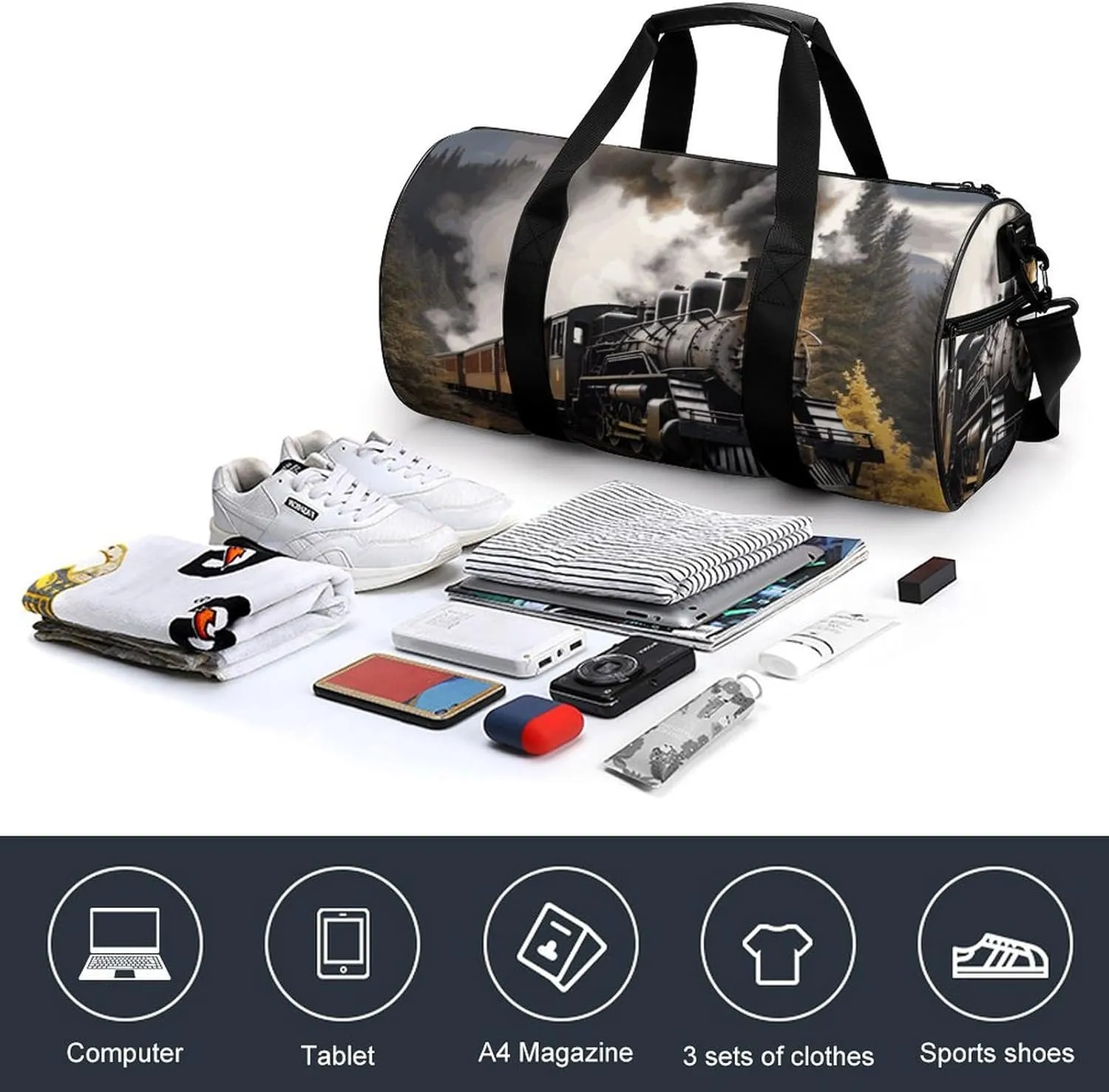 Steam Train Gym Bag Small Travel Duffle Bag with Compartment Carry On Weekender Bag for Women Men