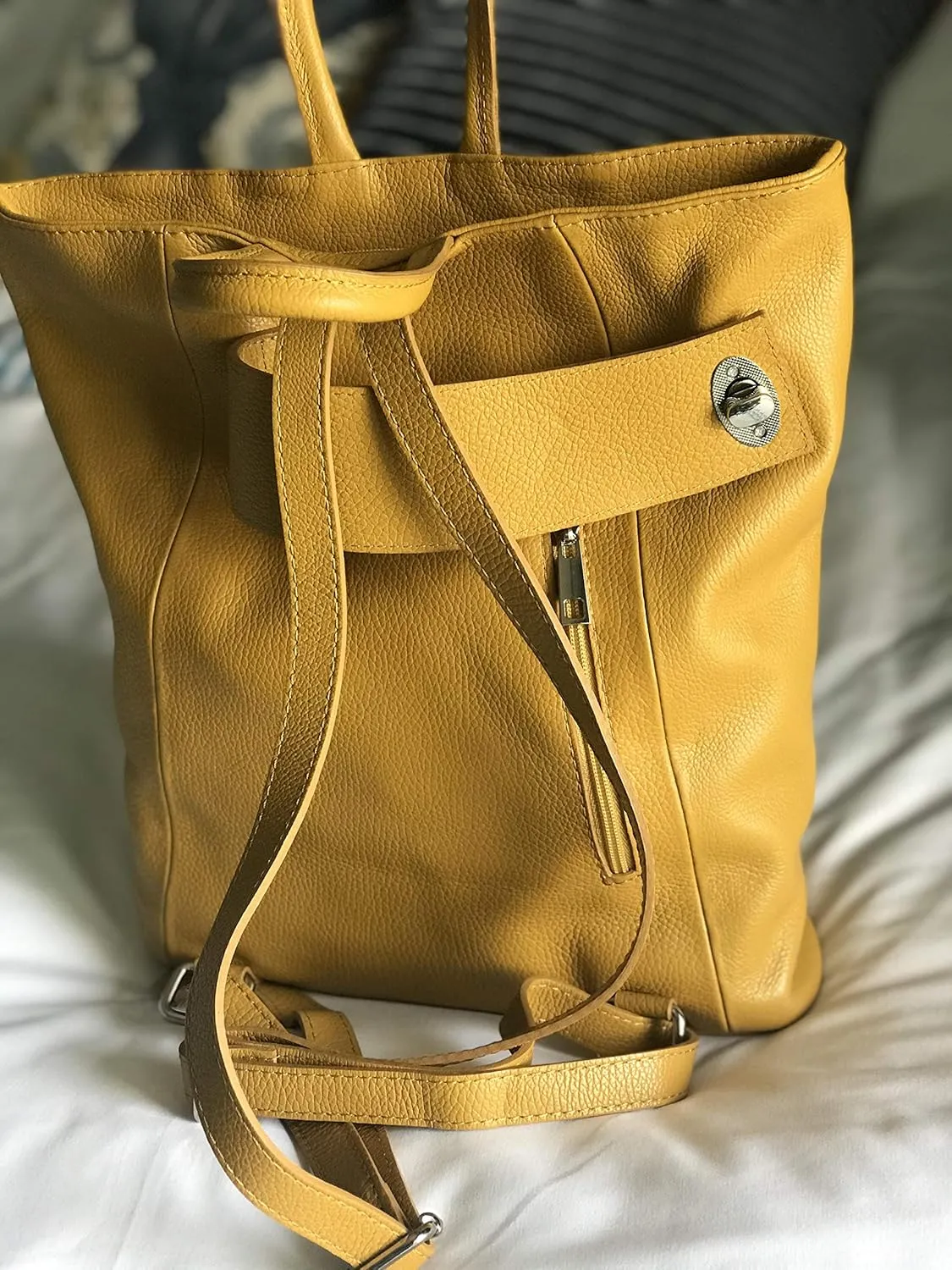 Stella Convertible Leather Backpack Purse – Casual Travel Tote Bag Dark Mustard Yellow