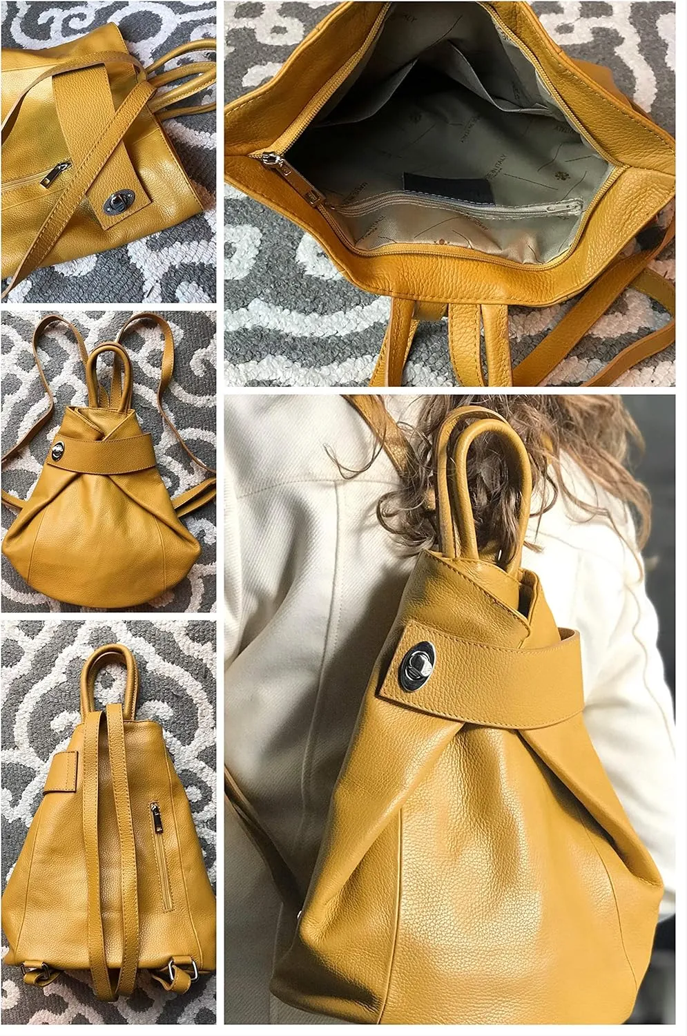 Stella Convertible Leather Backpack Purse – Casual Travel Tote Bag Dark Mustard Yellow