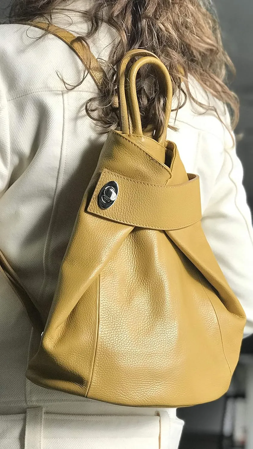 Stella Convertible Leather Backpack Purse – Casual Travel Tote Bag Dark Mustard Yellow