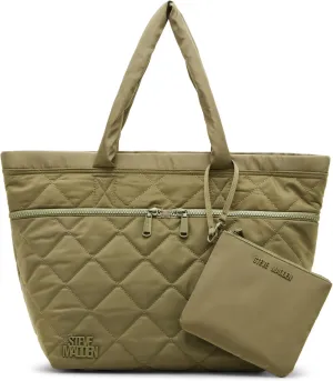 Steve Madden Women's BLAYZIA2 Quilted Nylon Tote with Pouch, Light Olive, Large
