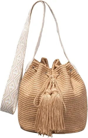 Straw Bucket Bag for Women,Summer Woven Beach Crossbody Bag Tassel Drawstring Hobo Shoulder Handbag for Vacation
