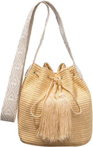 Straw Bucket Bag for Women,Summer Woven Beach Crossbody Bag Tassel Drawstring Hobo Shoulder Handbag for Vacation