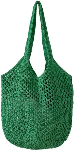 Straw Mesh Tote Beach Shoulder Purse Hand-Woven Hobo Bag for Women Large Capacity Purse for Shopping Holiday Green