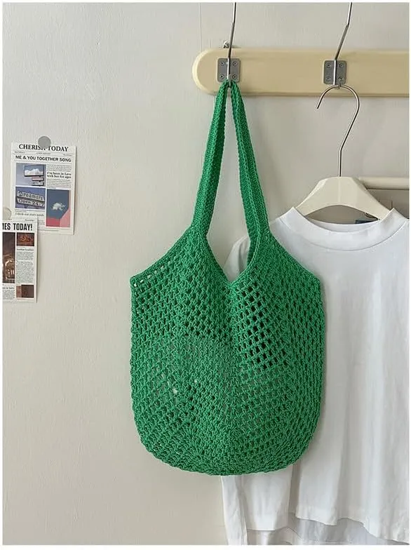 Straw Mesh Tote Beach Shoulder Purse Hand-Woven Hobo Bag for Women Large Capacity Purse for Shopping Holiday Green