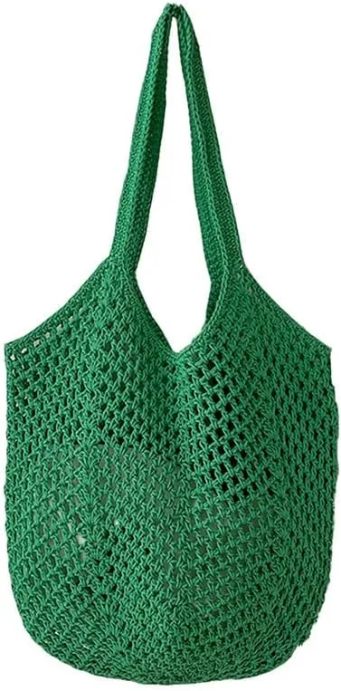 Straw Mesh Tote Beach Shoulder Purse Hand-Woven Hobo Bag for Women Large Capacity Purse for Shopping Holiday Green