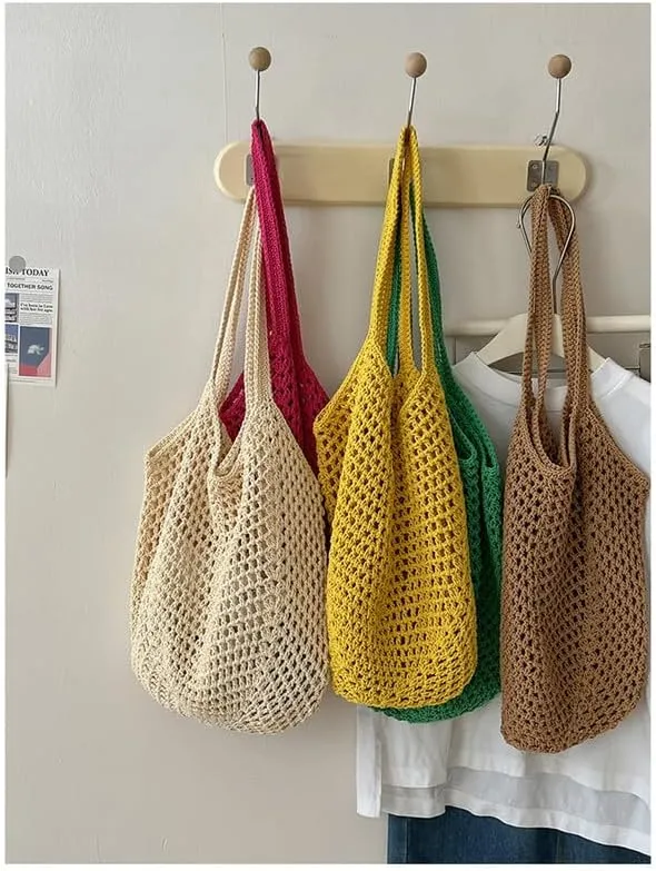 Straw Mesh Tote Beach Shoulder Purse Hand-Woven Hobo Bag for Women Large Capacity Purse for Shopping Holiday Rose