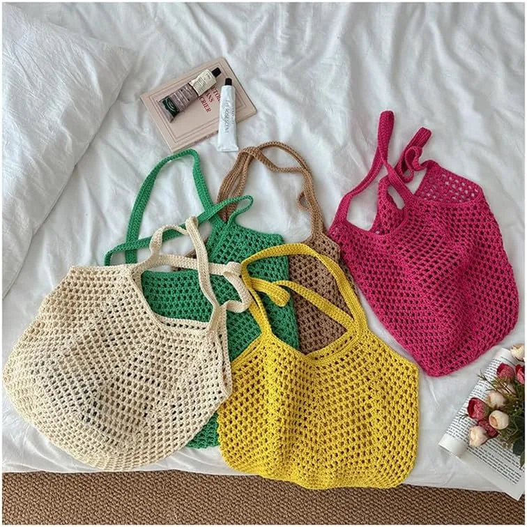 Straw Mesh Tote Beach Shoulder Purse Hand-Woven Hobo Bag for Women Large Capacity Purse for Shopping Holiday Rose