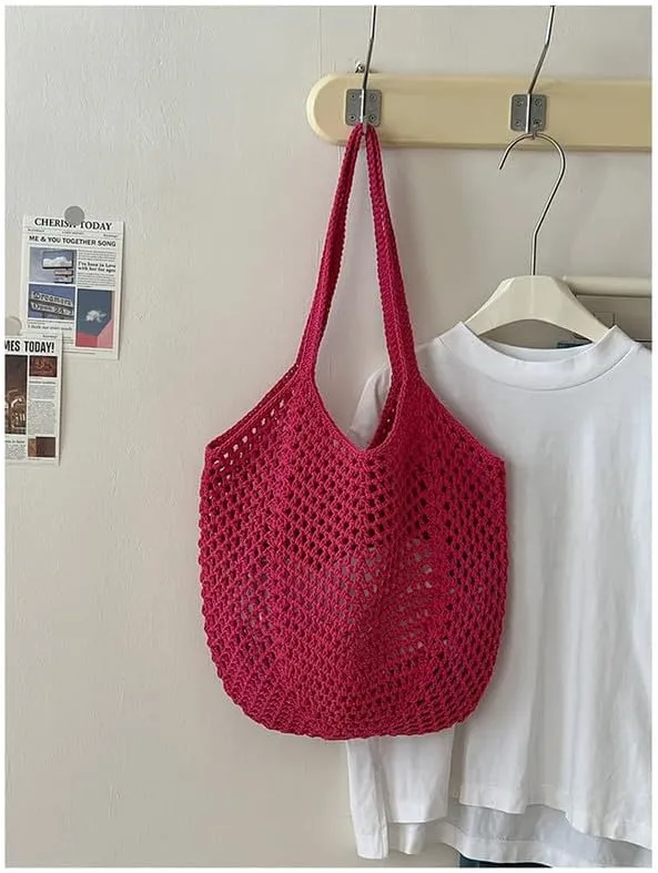 Straw Mesh Tote Beach Shoulder Purse Hand-Woven Hobo Bag for Women Large Capacity Purse for Shopping Holiday Rose