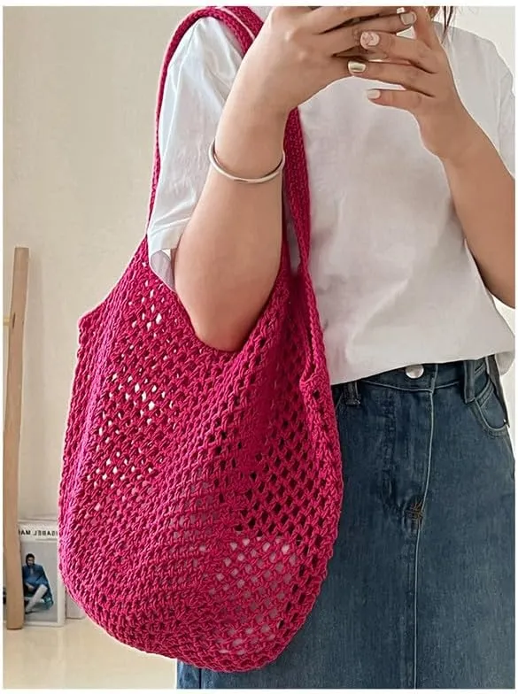 Straw Mesh Tote Beach Shoulder Purse Hand-Woven Hobo Bag for Women Large Capacity Purse for Shopping Holiday Rose
