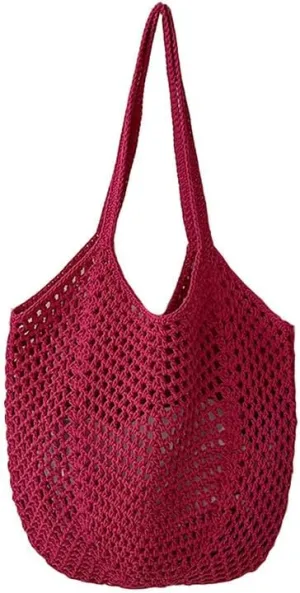 Straw Mesh Tote Beach Shoulder Purse Hand-Woven Hobo Bag for Women Large Capacity Purse for Shopping Holiday Rose