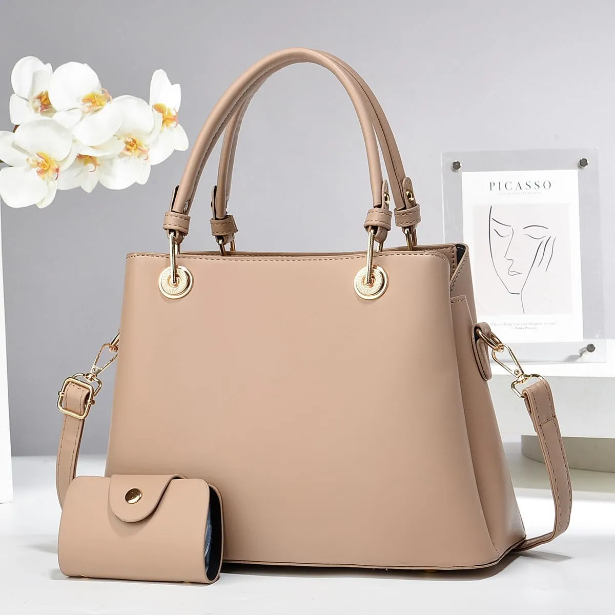Stylish Solid Color Tote Shoulder Bag Set for Women - Beige Leather Satchel with Top Handle