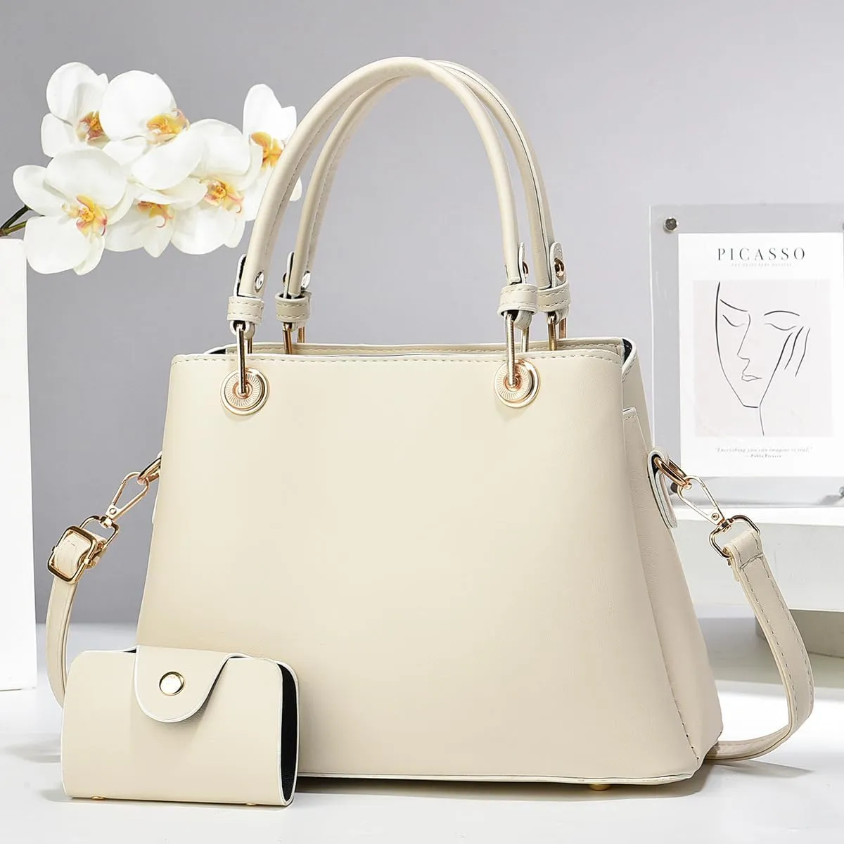 Stylish Solid Color Tote Shoulder Bag Set for Women - Beige Leather Satchel with Top Handle