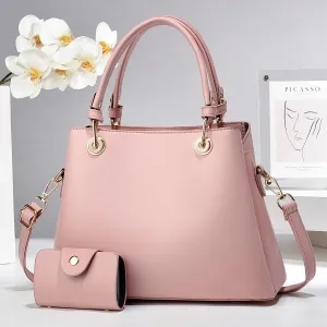 Stylish Solid Color Tote Shoulder Bag Set for Women - Beige Leather Satchel with Top Handle