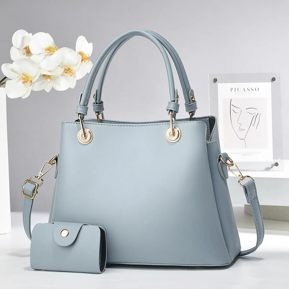 Stylish Solid Color Tote Shoulder Bag Set for Women - Beige Leather Satchel with Top Handle