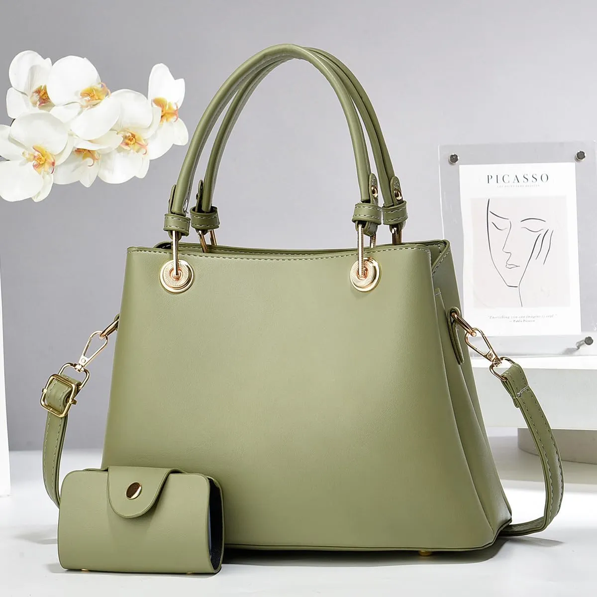 Stylish Solid Color Tote Shoulder Bag Set for Women - Beige Leather Satchel with Top Handle