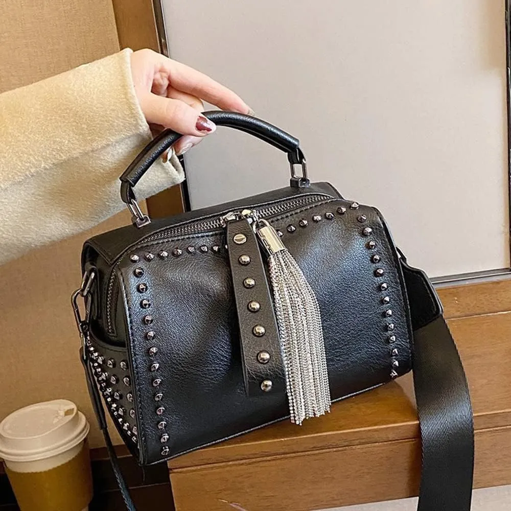 Stylish Women Barrel Tote Bag - Double Zipper Satchel Handbag - Leather Crossbody Shoulder Bag