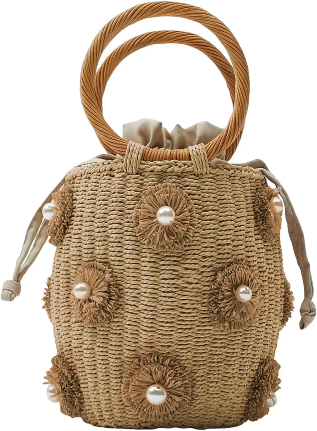 Summer Straw Bag for Women Flower Bucket Tote Bag Straw Handbag Hand Woven Rattan Purse Drawstring Straw Purse 2024