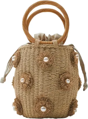 Summer Straw Bag for Women Flower Bucket Tote Bag Straw Handbag Hand Woven Rattan Purse Drawstring Straw Purse 2024