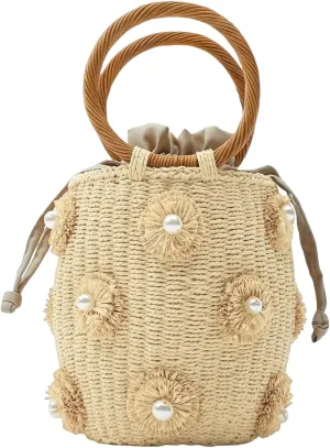 Summer Straw Bags for Women Flower Straw Bucket Tote Bag Hand Woven Rattan Purse Drawstring 2024