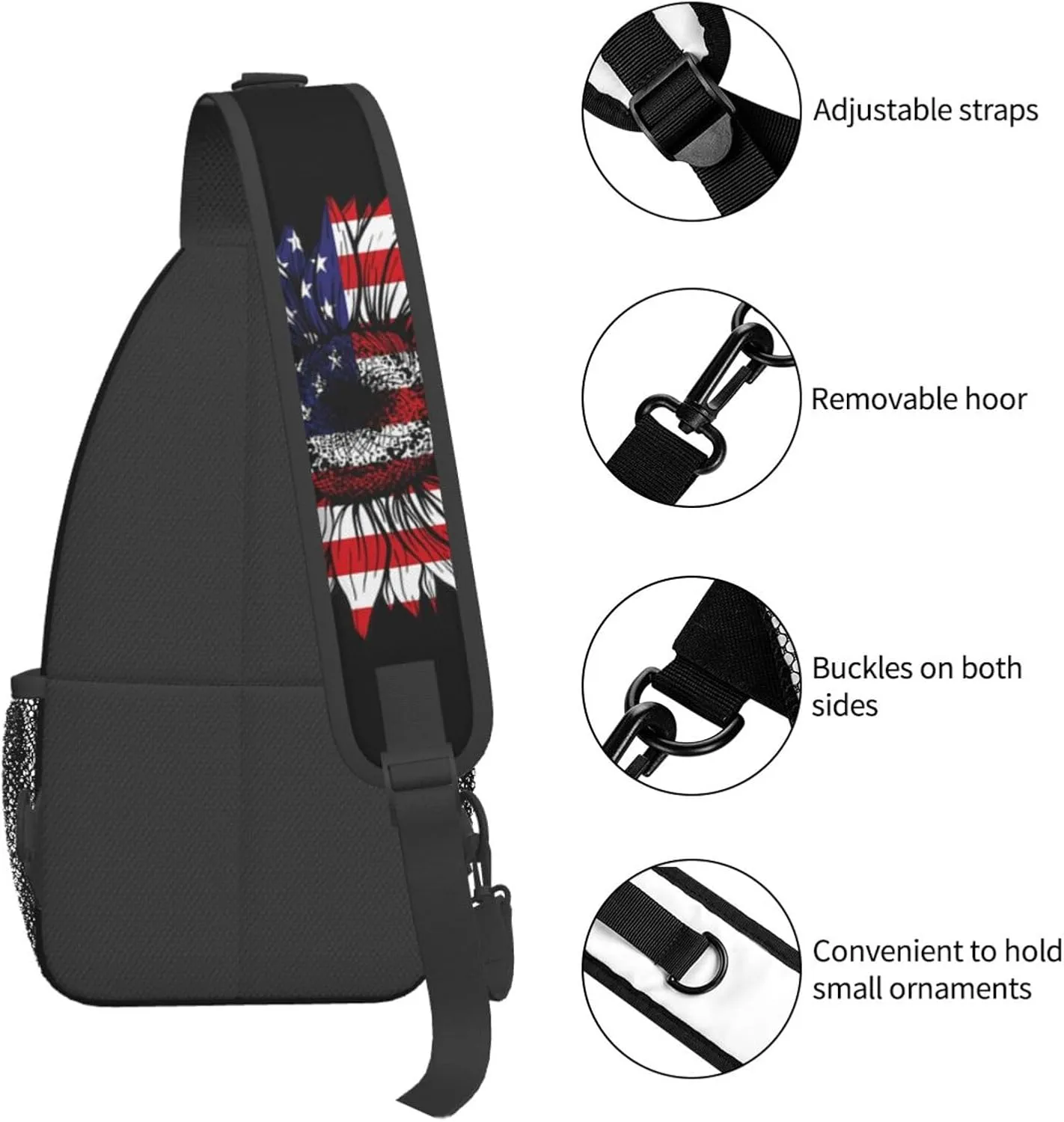 Sunflower American Flag Patriotic Sling Bag Adjustable Chest Bags Casual Crossbody Bag Travel Shoulder Backpack